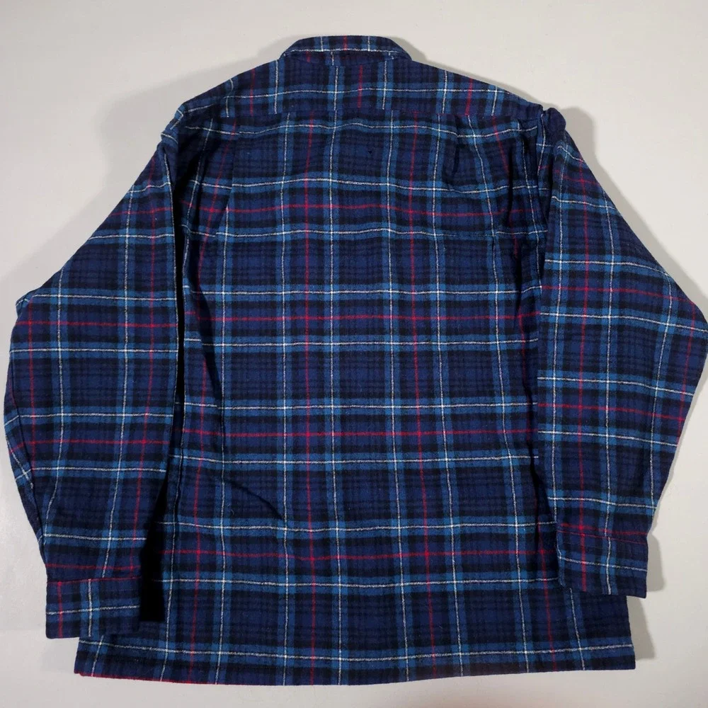 Pendleton Flannel Shirt Mens L Blue Plaid Wool  Tartan Made in USA Loop Collar‎